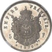 5 Francs - Napoleon III Pattern, France, 1870 reverse image