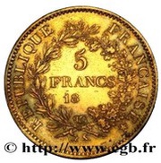 Essai de 5 francs en bronze-aluminium pour la frappe des 20 francs Turin par Morlon, France, 1929-1930 reverse image