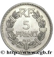 5 Francs Lavrillier pattern, France, 1933 reverse image