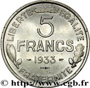 5 francs Essai en nickel de Morlon, France, 1933 reverse image