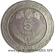 5 Francs pattren of Vézien, France, 1933 reverse image