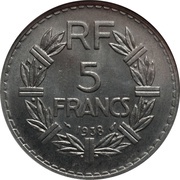 5 Francs, France, 1933-1939 reverse image
