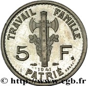 5 Francs - Petain pattern of Bazor, 2nd type, France, 1941 reverse image