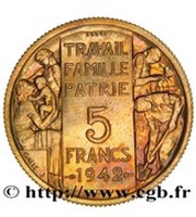 5 Francs - Pétain pattern of Bazor, France, 1942 reverse image