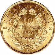 10 Francs - Napoleon III, France, 1854-1855 reverse image