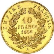 10 Francs - Napoleon III Pattern, France, 1855 reverse image