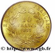 10 Francs - Napoléon III bare head, France, 1855-1860 reverse image