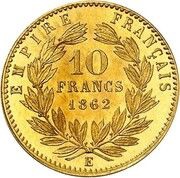 10 Francs - Napoleon III Pattern, France, 1862 reverse image