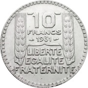 10 Francs, France, 1929-1939 reverse image