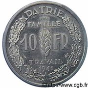10 Francs - Pétain pattern-piéfort of Simon, France, 1941 reverse image