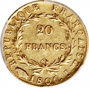 20 Francs - Napoleon I nude head, gregorian calendar, France, 1806 reverse image
