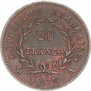 20 francs Napoléon Essai en étain, tête nue, France, 1807 reverse image
