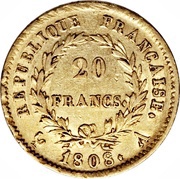 20 Francs - Napoleon I, France, 1807-1808 reverse image