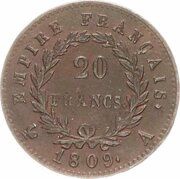 20 Francs Napoléon tête laurée, empire français, France, 1807-1815 reverse image