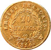 20 Francs - Napoléon I, France, 1809-1814 reverse image