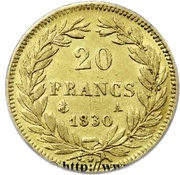 20 Francs - Louis-Philippe Tiolier, edge incused, France, 1830-1831 reverse image