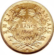 20 Francs - Napoleon III, France, 1853-1860 reverse image