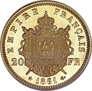 20 Francs - Napoleon III pattern of Barre, France, 1861 reverse image