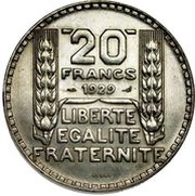 20 Francs Piedfort, France, 1929 reverse image