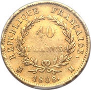 40 Francs - Napoleon I, France, 1807-1808 reverse image