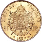 50 Francs - Napoleon III, France, 1855-1860 reverse image