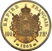 100 Francs - Napoleon III Pattern, France, 1862 reverse image