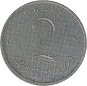 2 Centimes Epreuve en aluminium, grand module, France, 1959 reverse image