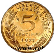 5 Centimes Marianne Piéfort or, France, 1966-1985 reverse image