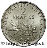 2 Francs pattern of Roty, Semeuse, France, 1959 reverse image