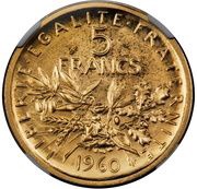 5 Francs Gold Piedfort, France, 1960 reverse image