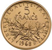 5 Francs Gold Piedfort, France, 1968 reverse image