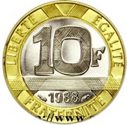 10 Francs Génie de la Bastille, France, 1988 reverse image