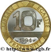 10 Francs Genius of the Bastille; smooth edge reverse image
