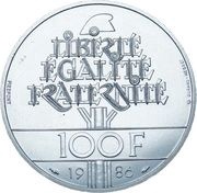 100 Francs Statue of Liberty; Piedfort, France, 1986 reverse image