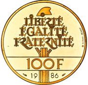100 Francs Statue of Liberty; Piedfort, France, 1986 reverse image