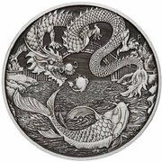 1 Dollar In the name of Elizabeth II; 6th Portrait - Dragon and Koi - Silver Antiqued Coin, Australia, 2023 reverse image