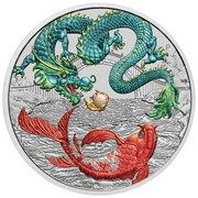 1 Dollar In the name of Elizabeth II; 6th Portrait - Dragon and Koi - Silver Bullion; Coloured, Australia, 2023 reverse image