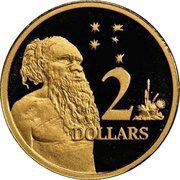 2 Dollars - Elizabeth II 4th Portrait - Aboriginal Man; Gold Proof, Australia, 2001-2019 reverse image