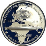 2 Dollars - Elizabeth II 4th Portrait - HMAS AE2 Submarine, Australia, 2011 reverse image