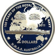 2 Dollars - Elizabeth II 4th Portrait - HMAS Australia II, Australia, 2011 reverse image