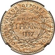 1 Franc Piedfort with Essai, France, 1897 reverse image
