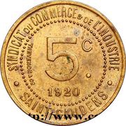 5 Centimes - Syndicat du Commerce et de l'Industrie - Saint-Gaudens [31] Brass, France, 1920 reverse image