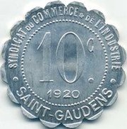 10 Centimes - Syndicat du commerce et de l'industrie - Saint-Gaudens [31] Scalloped Pattern, France, 1920 reverse image