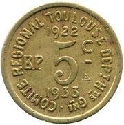 5 Centimes - Comité Régional - Toulouse [31] Brass, France, 1922 reverse image