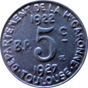 5 Centimes, France, 1922 reverse image