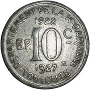 10 Centimes Departement De La H-Garonne; Toulouse, France, 1922 reverse image