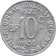10 Centimes - Comité Régional - Toulouse Haute-Garonne, France, 1922 reverse image