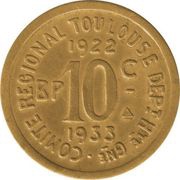 10 Centimes - Comité Régional - Toulouse [31] Brass, France, 1922 reverse image