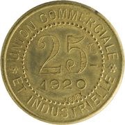 25 Centimes - Union Commerciale et Industrielle - Charlieu [42] Brass, France, 1920 reverse image