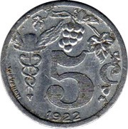 5 Centimes, France, 1922 reverse image